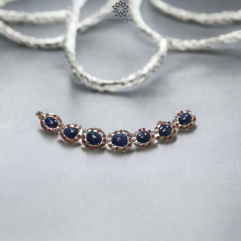 925 Sterling Silver BRACELET : 33.75gms Natural Blue Sapphire & Ruby Glass Filled Rose Cut Prong Set Rhodium Plated Tennis Bracelet 7.25