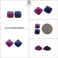 Blue Sapphire & RUBY Gemstone Cabochon : Natural Untreated Unheated Ruby Sapphire Cushion Shape Pair