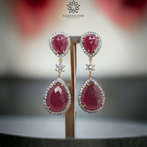 925 Sterling Silver Earring: 16.53gms Natural Glass Filled Ruby Gemstones & CZ Prong Set Push Back Drop Dangle Yellow Gold Plated Earring 2