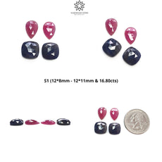 Ruby & Blue Sapphire Gemstone Rose Cut : Natural Untreated Unheated Ruby Sapphire Oval Cushion And Pear Shape 4pcs Sets