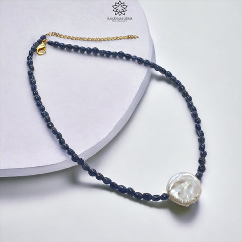 Blue Sapphire  & Mother Of Pearl Gemstone NECKLACE : 18.15gms Natural Oval Shape Sapphire With Brass Beaded Necklace 20