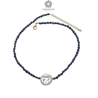 Blue Sapphire  & Mother Of Pearl Gemstone NECKLACE : 18.15gms Natural Oval Shape Sapphire With Brass Beaded Necklace 20