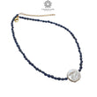 Blue Sapphire  & Mother Of Pearl Gemstone NECKLACE : 18.15gms Natural Oval Shape Sapphire With Brass Beaded Necklace 20"