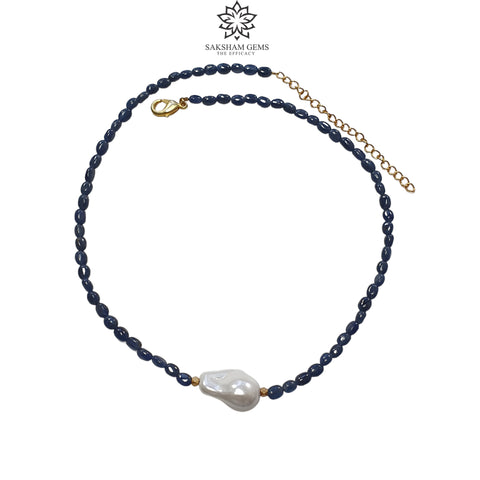 Blue Sapphire Gemstone NECKLACE : 19.30gms Natural Oval Shape Sapphire With Brass Beaded Necklace 20