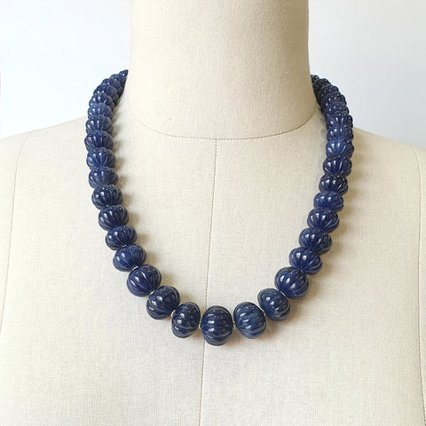 Blue Sapphire Gemstone Melon Beads Necklace : 1379.50cts 925 Sterling Silver Natural Sapphire Hand Carved Rondelle Melon Beads 14mm-19mm 21