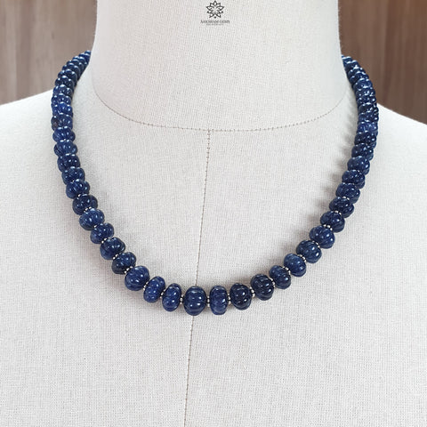 Blue Sapphire Gemstone Melon Beads Necklace : 381.30cts 925 Sterling Silver Natural Sapphire Hand Carved Rondelle Melon Beads 8mm-10mm 20