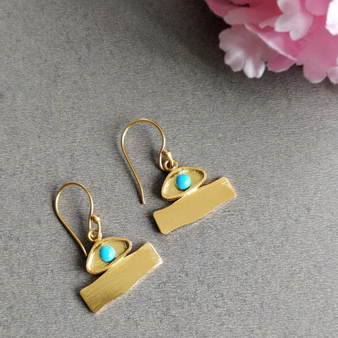 Turquoise Enameling Gemstone Brass Earring : 3*2cm Handmade 18k Gold Plated 4.00gm Boho Style Bezel Set Hook Drop Dangle Earring