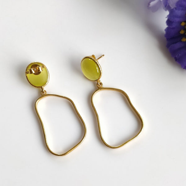 Yellow Cat's Eye Gemstone Earring : 1.75" Handmade Brass 18k Gold Plated 6.00gms Bezel Setting Drop Dangle Push Back Earring