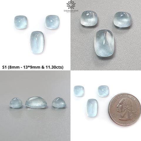 Blue Aquamarine Gemstone Cabochon & Carving: Natural Untreated Aquamarine Oval Pear, Cushion Shape Cabochon 2pcs, 3pcs Set March Birthstone