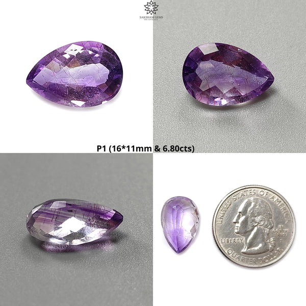 Rutile Amethyst Quartz Gemstone Faceted Cut: Natural Untreated Purple Amethyst Pear, Baguette Shape 1pc for Jewelry February Birthstone