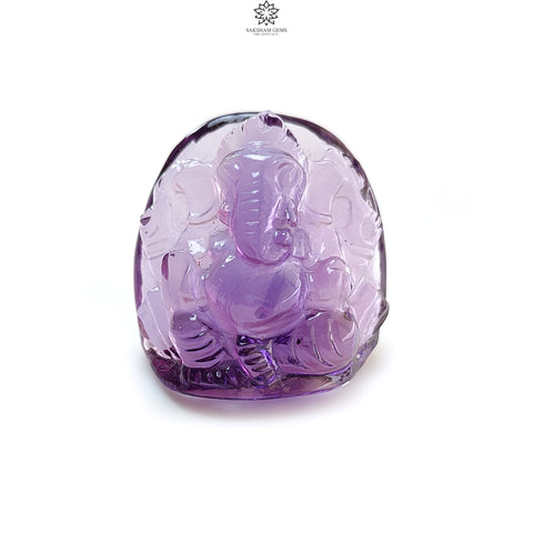 Amethyst Quartz Gemstone Carving: 84.90cts Natural Untreated Purple Amethyst Hand Carved Lord Ganesha Idol 31*28mm February Birthstone