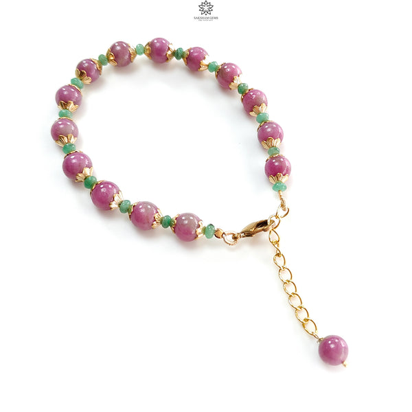 Zoisite Ruby & Emerald Beads Bracelet: 77.30cts Natural Untreated Zoisite Ruby Round Plain Brass Bracelet 4mm - 7mm 6.30"