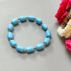 Blue Synthetic Turquoise Beads Bracelet: 53.70cts Simulant Turquoise Baguette Plain Stretchable Brass Bracelet 11mm 6