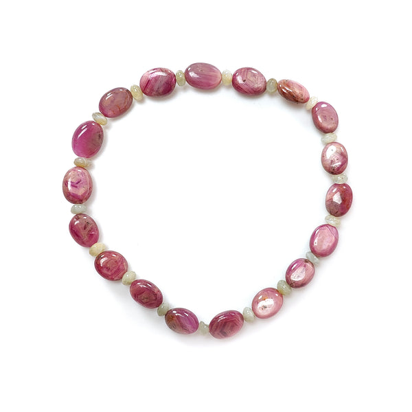 Red Ruby Beads Bracelet: 53.70cts Natural Chrysoberyl Cat's Eye Oval Round Plain Stretchable Bracelet 3.5mm - 8.5*7mm 7"