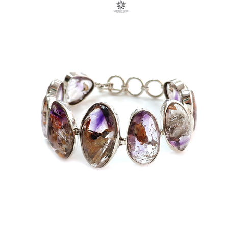 Rutile Amethyst Plain Silver Bracelet: 48.11gms Natural Purple Quartz Plain Fancy Shape 925 Sterling Silver Bezel Set Bracelet 8