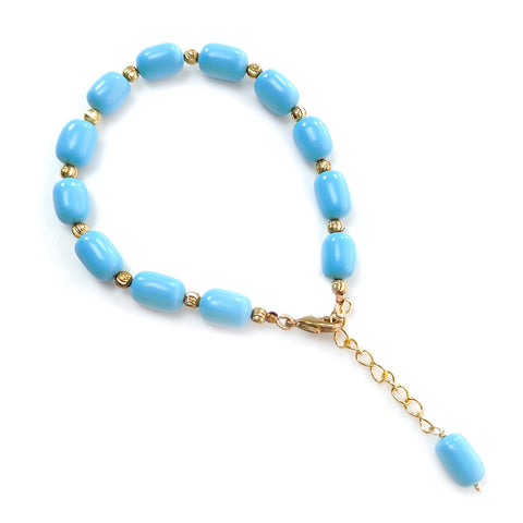 Blue Synthetic Turquoise Beads Bracelet: 64.00cts Simulant Turquoise Baguette Plain Brass Bracelet 12mm 7