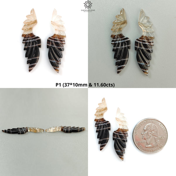 Multi Color Botswana Agate Gemstone Carving: Natural Untreated Bi-Color Agate Hand Carved Angel Wings Pair for Jewelry May Birthstone