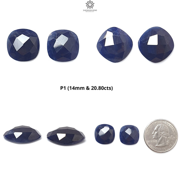 Blue Sapphire Gemstone Checker Cut: Natural Untreated Unheated Sapphire Cushion Shape Pair for Jewelry September Birthstone