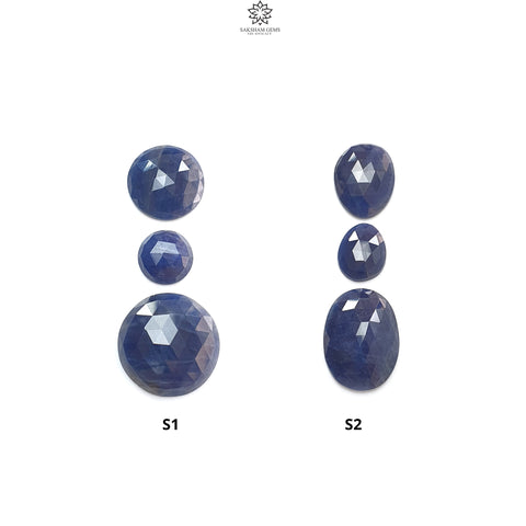 Blue Sapphire Gemstone Rose Cut Slices: Natural Untreated Unheated Sapphire Round, Oval Shape 3pcs Set for Jewelry September Birthstone