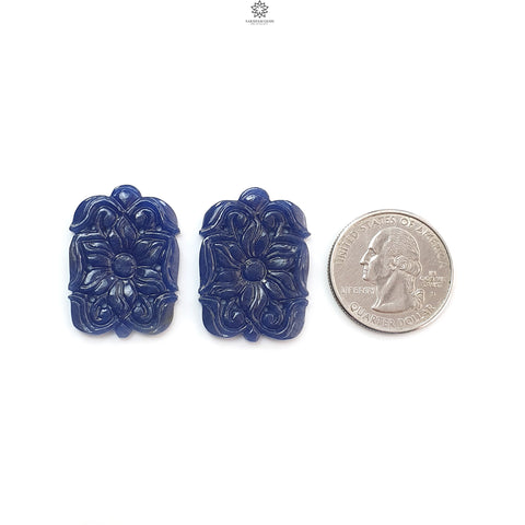 Blue Sapphire Gemstone Carving: 49.00cts Natural Untreated Sapphire Hand Carved Cushion Shape 30*21.5mm Pair September Birthstone