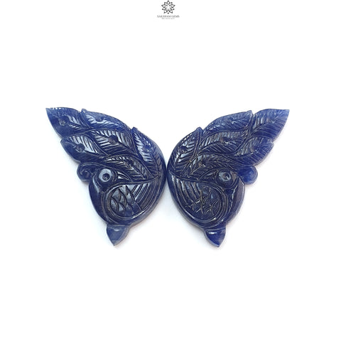 Blue Sapphire Gemstone Butterfly Carving: 103.00cts Natural Untreated Sapphire Hand Carved Peacock 39*22mm Pair September Birthstone