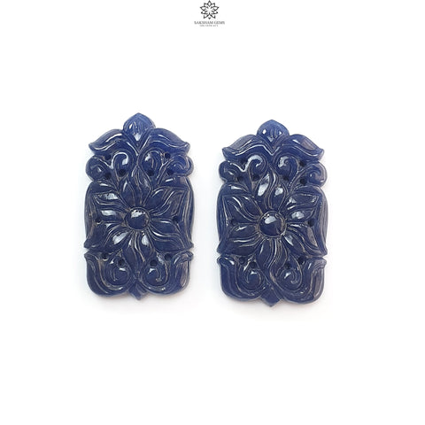 Blue Sapphire Gemstone Carving: 101.30cts Natural Untreated Sapphire Hand Carved Baguette Shape 37*21.5mm Pair September Birthstone