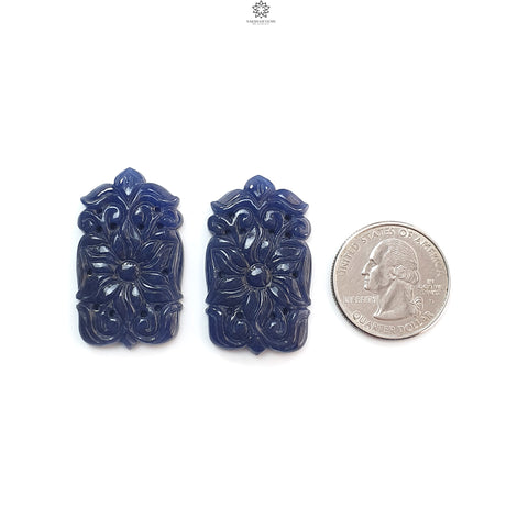 Blue Sapphire Gemstone Carving: 101.30cts Natural Untreated Sapphire Hand Carved Baguette Shape 37*21.5mm Pair September Birthstone