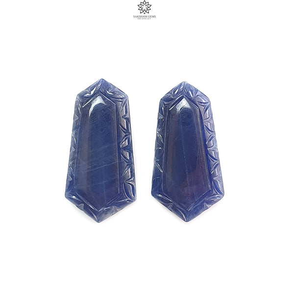 Blue Sapphire Gemstone Carving: 36.70cts Natural Untreated Sapphire Hand Carved Fancy Shape 26*13mm Pair for Jewelry September Birthstone