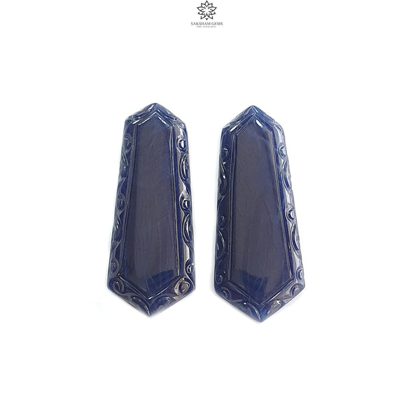 Blue Sapphire Gemstone Carving: 90.70cts Natural Untreated Sapphire Hand Carved Fancy Shape 41*16mm Pair for Jewelry September Birthstone