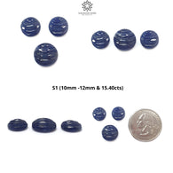 Blue Sapphire Gemstone Carving: Natural Untreated Unheated Sapphire Hand Carved Oreo Round Shape 3pcs Set for Jewelry September Birthstone