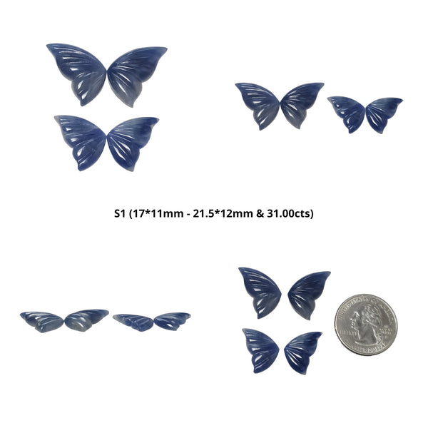 Blue Sapphire Gemstone Carving : Natural Untreated Sapphire Hand Carved Butterfly Sets