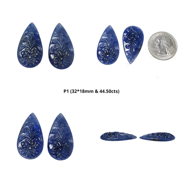 Blue Sapphire Gemstone Carving : Natural Untreated Unheated Blue Sapphire Hand Carved Pear Shape Pair