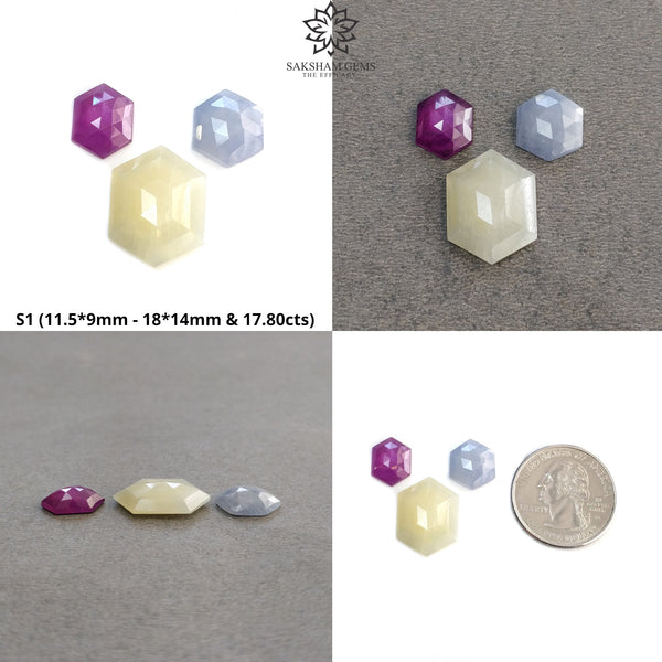 Multi Sapphire Gemstone Step & Rose Cut : Natural Untreated Unheated Sapphire Multi Color Hexagon Shape 3pcs Sets For Jewelry