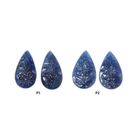 Blue Sapphire Gemstone Carving : Natural Untreated Unheated Blue Sapphire Hand Carved Pear Shape Pair