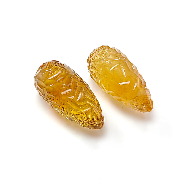 Citrine Gemstone Carving: 90.70cts Natural Untreated Unheated Yellow Citrine Hand Carved Teardrops Shape 31mm Pair November Birthstone