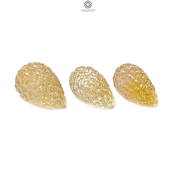 Citrine Gemstone Carving: 64.60cts Natural Untreated Yellow Citrine Hand Carved Teardrops Shape 21mm - 22mm 3pcs Set November Birthstone