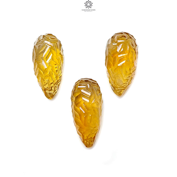 Citrine Gemstone Carving: 81.30cts Natural Untreated Yellow Citrine Hand Carved Teardrops Shape 26mm - 27mm 3pcs Set November Birthstone