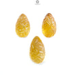 Citrine Gemstone Carving: 89.00cts Natural Untreated Yellow Citrine Hand Carved Teardrops Shape 22mm - 26mm 3pcs Set November Birthstone