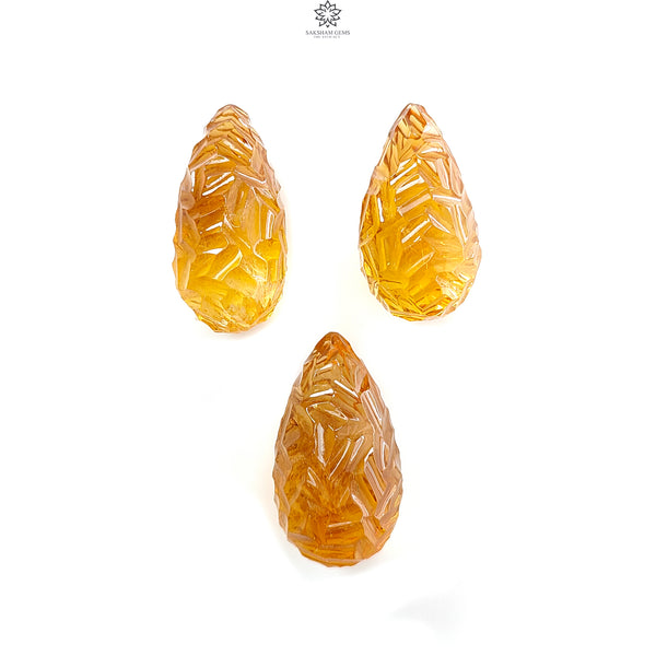 Citrine Gemstone Carving: 100.00cts Natural Untreated Yellow Citrine Hand Carved Teardrops Shape 26mm - 27mm 3pcs Set November Birthstone