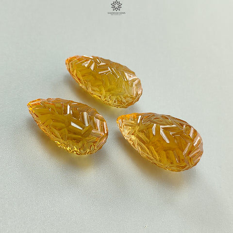 Citrine Gemstone Carving: 100.00cts Natural Untreated Yellow Citrine Hand Carved Teardrops Shape 26mm - 27mm 3pcs Set November Birthstone