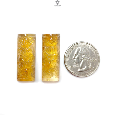 Citrine Gemstone Carving: 49.30cts Natural Untreated Yellow Citrine Hand Carved Baguette Shape 32*12mm Pair for Jewelry November Birthstone