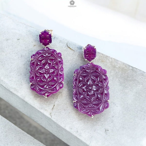 Purple Onyx Carving Silver Earring: 13.98gms Natural Onyx Hand Carved Hexagon Shape 925 Sterling Silver Prong Set Push Back Stud Earring 2"
