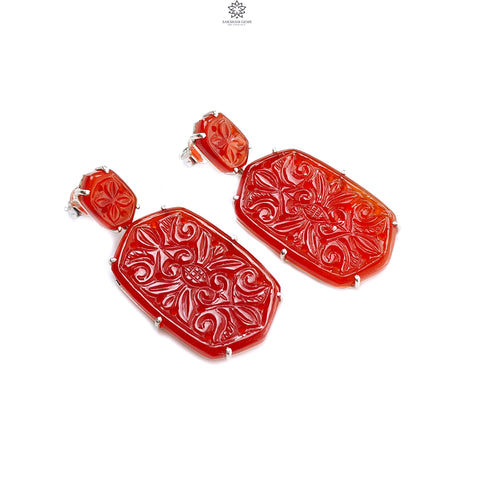 Orange Onyx Carving Silver Earring: 20.10gms Natural Onyx Hand Carved Hexagon 925 Sterling Silver Prong Set Push Back Stud Earring 2.30