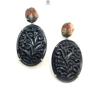 Black Onyx Carving Silver Earring:16.36gms Natural Black Oval Shape Hand Carved 925 Sterling Silver Prong Set Stud Push Back Earring 2.00