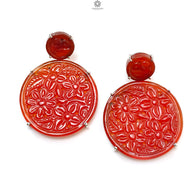 Orange Onyx Carving Silver Earring: 18.12gms Natural Onyx Gemstone Round Shape Hand Carved 925 Sterling Silver Prong Set Stud Push Back Earring 2.00