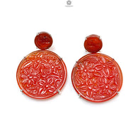 Orange Onyx Carving Silver Earring: 18.12gms Natural Onyx Gemstone Round Shape Hand Carved 925 Sterling Silver Prong Set Stud Push Back Earring 2.00