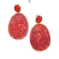 Orange Onyx Carving Silver Earring: 19.69gms Natural Onyx Gemstone Oval Shape Hand Carved 925 Sterling Silver Prong Set Stud Push Back Earring 2.00