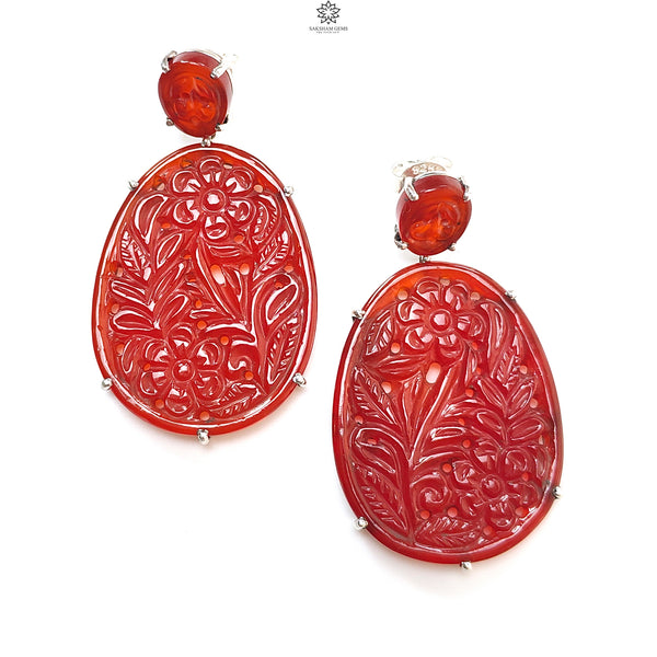 Orange Onyx Carving Silver Earring:19.69gms Natural Orange Oval Shape Hand Carved 925 Sterling Silver Prong Set Stud Push Back Earring 2.00"