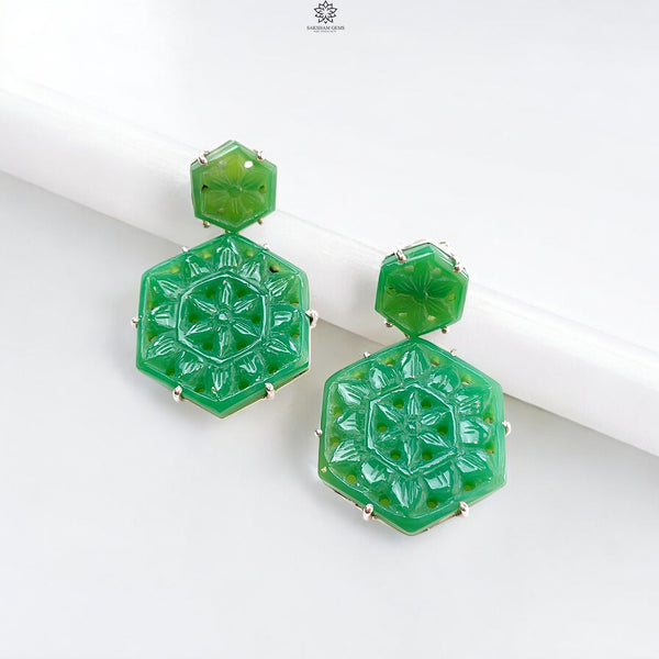 Green Onyx Carving Silver Earring: 11.64gms Natural Onyx Hand Carved Hexagon Shape 925 Sterling Silver Prong Set Push Back Stud Earring 1.5"