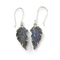 Blue Labradorite Silver Earrings: 33.60cts Natural Untreated Labradorite Angel Wings Carving Prong Set Drop Dangle Hook Earring 2